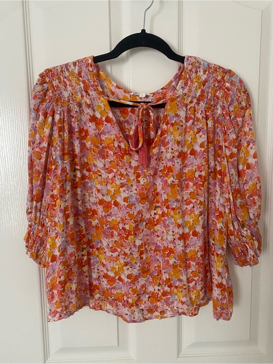 Emerson Rose Tops - Womens Floral Tie-Neck Blouse — Pink & Orange